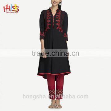 Latest Winter Long Kurti Designs Black Rayon Front Neck Embroidered Kurti HSd7456