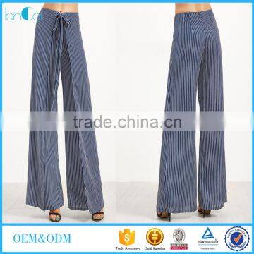 Navy vertical striped wide leg wrap pants new women pants new fashion with tie belt