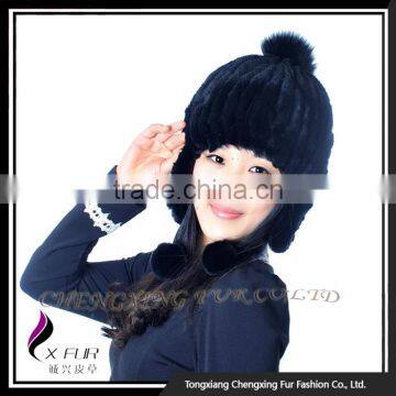 CX-C-116H Hand Knitted Beanie With Fur Ball Stock Rex Rabbit Fur Ladies Hats photo-5