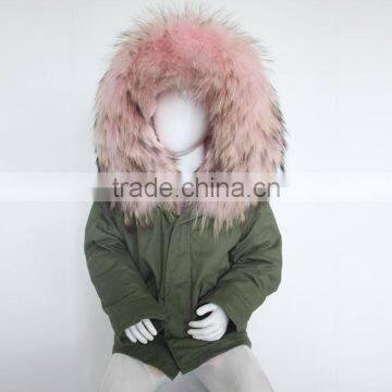 Myfur Cute Girls Green Cotton Parka with Real Fur Hooded Wholesale Kids Parka Jacket