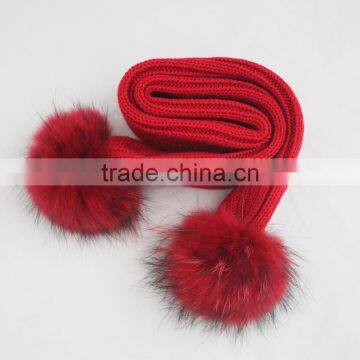 Myfur Children Knitted Ribbed Scarf With 2 Big Size Matched Color Raccoon Fur Pom Pom photo-4