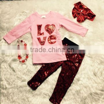 2.14 theme Valentine's day girls clothes Love spring heart outfits red sequins pants with matching necklace and bow set