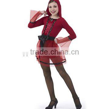 Front lined matte jersey and sequin spandex hooded biketard with spandex inserts contemporary lyrical red women dance costume