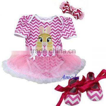 Baby Pink White Chevron Bunny Rabbit Bodysuit Romper Pettiskirt Crib Shoes Headband 0-18M