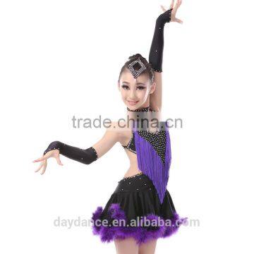 Kid Girl Sexy Open Back Feather Fringed Latin Dance Dresses Child Elegant Salsa Rumba Ballroom Dress photo-2