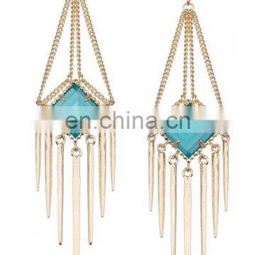 Fairy tale spike tassel earrings sea blue square stone earrings