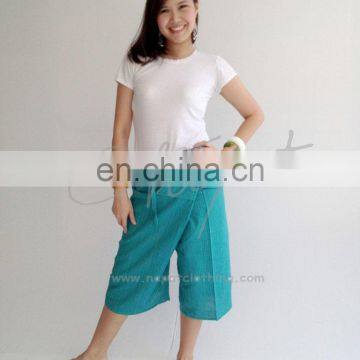 100% Thai Cotton Massage Pants Short Wrap Trouser Ocean Green with Thai Pattern Rim Fashion Pants