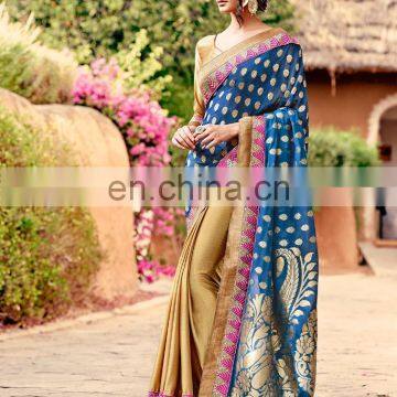 blue and beige colored satin jacquard and silk saree.