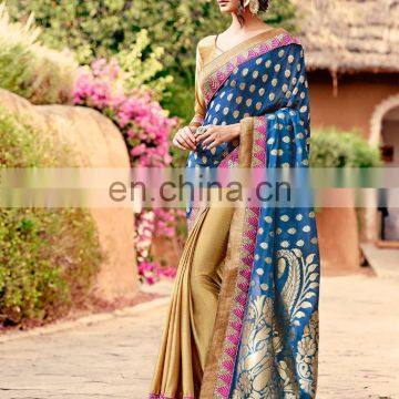 Blue and Beige Colored Satin Jacquard and Silk Saree.