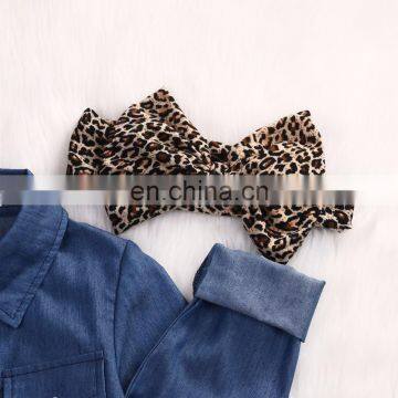 Denim Style Top Matching Leopard Pattern Dress and Headband 3pcs Girls Suit Wholesale Price photo-2