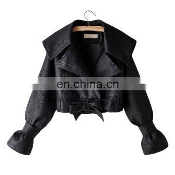 TWOTWINSTYLE Women's Jacket PU Leather Bow Long Sleeve Thick Short Females Coat 2020 photo-2
