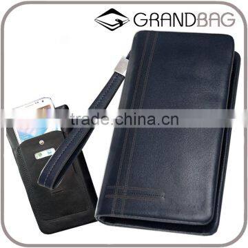 Guangzhou Two Sizes Buff Leather Men RFID Clutch Long Wallet with Wrist Strap