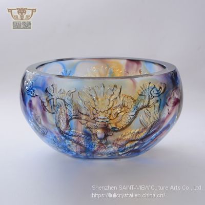 Handmade Casting Art Glass Chinese Dragons Treasure Bowl Fengshui Ornaments