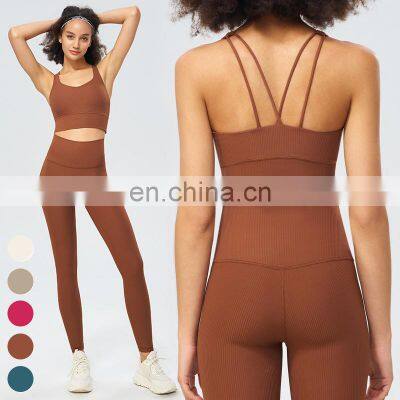 Running Sports Clothing Suit Shockproof Sports Bra High Waist Leggings 2 Piece Set Gym Fitness Sets Ribbed Yoga Set For Women photo-3