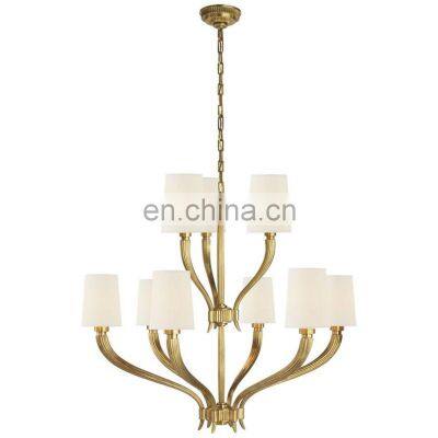 Nordic Style Black Metal Brass Linen Lampshade Chandelier Bedroom Living Room High Ceiling Decor Black Metal Bronze Chandelier