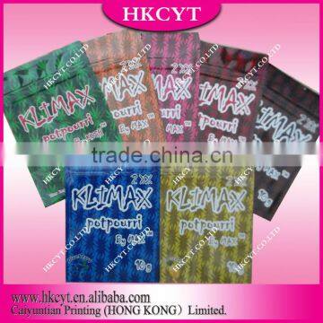 Klimax 10g 7 flavours herbal incense packaging bag/High quality plastic packaging bags