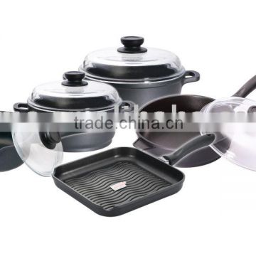 9pcs die cast aluminium cookware set with cast glass lid