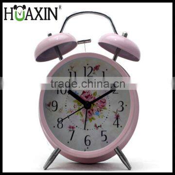 2016 lovely flower Metal quartz analog pink alarm clock with Night Light and loud alarm