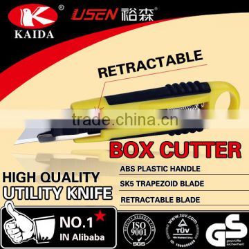 Auto Retractable Safety Box Trapezoid blade Plastic with rubber grip handle Cutter