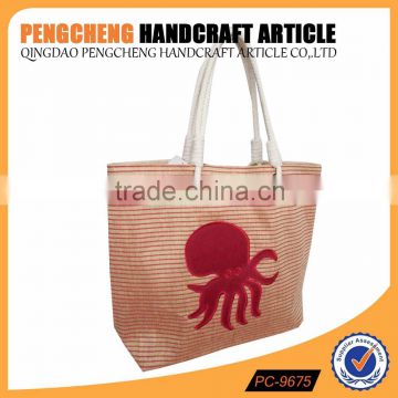 Octopus pattern design stripe jute shopping bag cotton handle women tote handbag