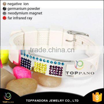 Fashion Crystal Jewelry Bio Elements Energy Stainless Steel Cheap Custom Adjustable White Silicone Wristband Bracelet With Logo