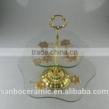 Wholesale Glass Cake Stand, Two Tier Golden Glass Cake Stand With Flower Decoration photo-2
