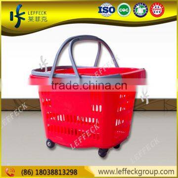 Foldable plastic shopping basket with wheels for supermarket and retail shop