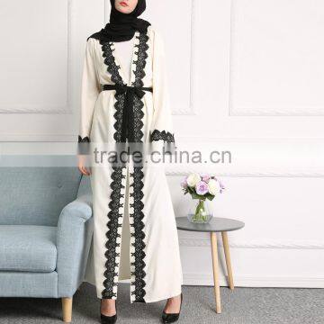 Front Open Contrast Lace Trim Self Tie Longline Abaya Moroccan Kaftan HSd5215