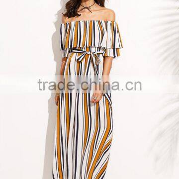 Woman Fashion Striped Off The Shoulder Tie Waist Chiffon Maxi Dress photo-2