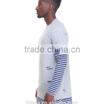 Crew Neck Tees Sleeve Color Block Stripe Layer Men's Longline t Shirt photo-4
