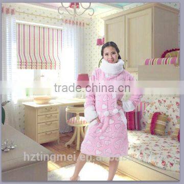 Popular Long Style Design Cute Girls and Women's Coral Fleece Night Skirt Hearted Bathrobe and with Round Collar