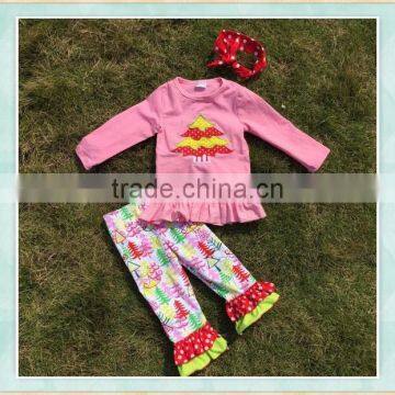 Fashion kids christmas clothes outfits pink top with a christmas tree pattern print pants clothing set product type