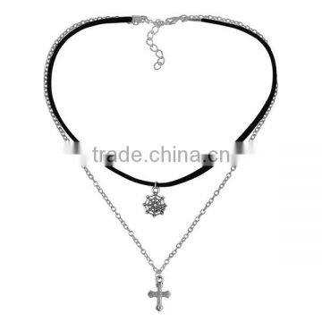 Velvet Suede Double Layer Halloween Choker Necklace Tone & Antique Silver Black Cobweb Cross 33.5cm Long photo-2