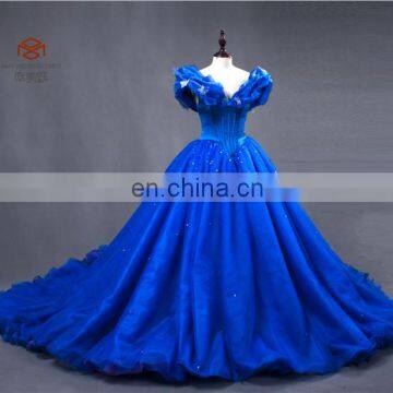 Stunning OEM Service Off Shoulder Ball Gown With Long Tail Organza Blue Prom Dress