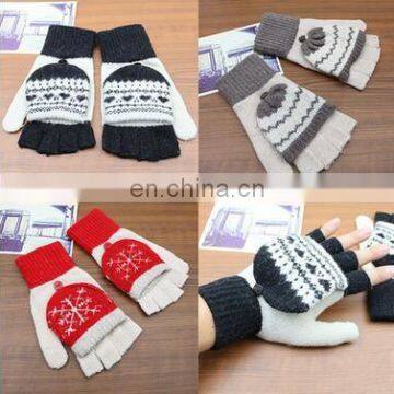 Lady's Fingerless Flip Up Wool Knit Gloves Mittens Winter Hand Warmer
