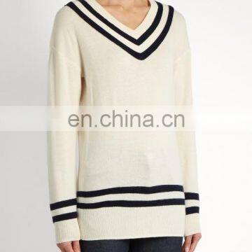 High Quality Varsity V-neck wool and cashmere-blend sweater Fashion Design Women Long Sleeve Sweater