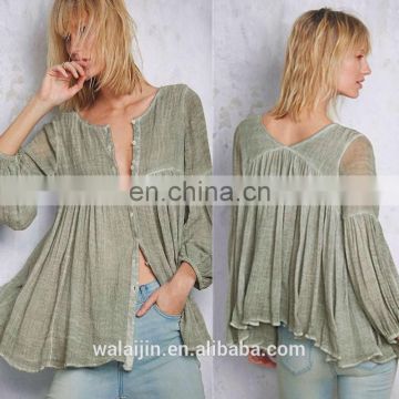 High quality 3/4 sleeve cotton yarn babydoll shirt , ladies gauze shirt