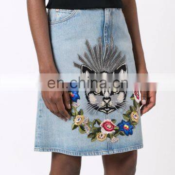 Light Indigo Cotton Embroidered Denim Skirt From W.W.S. Featuring a Five Pocket Design photo-2