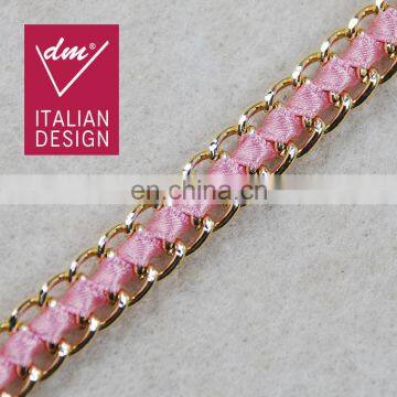 Factory direct pink ribbon with metal chain lace trimming