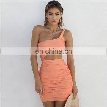 Hot Sales Women Fashion One Shoulder Casual Dresses Ladies Sexy Club Mini Dresses Women Pleated Summer Dresses