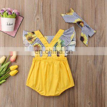 2019 Popular Clothes Set Sunflowers Toddler Romper Baby Girl Clothes Set With Flying Sleeve Infant Kids Summer Outfit photo-2