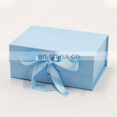 Custom ribbon elegant baby blue food hamper magnetic closure giftbox wholesale