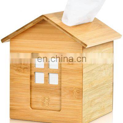 House Shaped Bamboo Tissue Box Cover Square Bamboo Farmhouse Tissue Box Holder for Bathroom/Bedroom/Dinner Table/Office