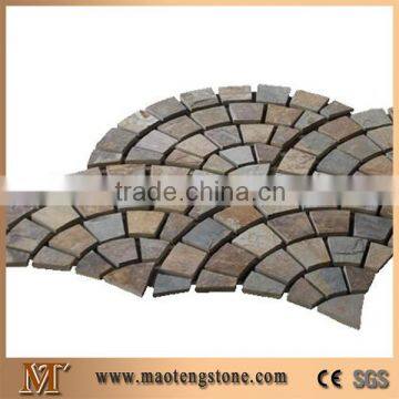 Wellest Rustic Brown and Multi Color Slate Meshed Fan Shape Paving Stone,Cobble and Cube Stone on Meshed