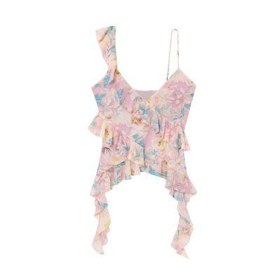 European and American Style Women's New Layered Decorative Printed Silk Mesh Asymmetrical Top photo-3