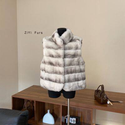 2025 Autumn/Winter Cream Latte Imported Rex Rabbit Fur Chinchilla Pattern Fur Vest photo-5