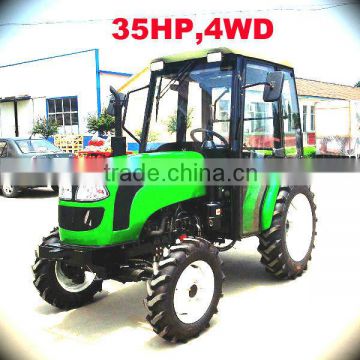 35HP farm tractor with front loader 4in1 bucket and backhoe,4cylinders,8F+2R shift,with Cabin,heater,fan,fork,blade