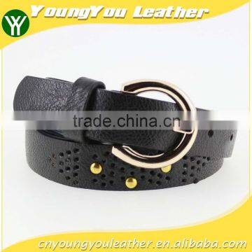 Women's Fashion Metal Studded Black Leather Belt With Shiny Gold Buckles in Yiwu