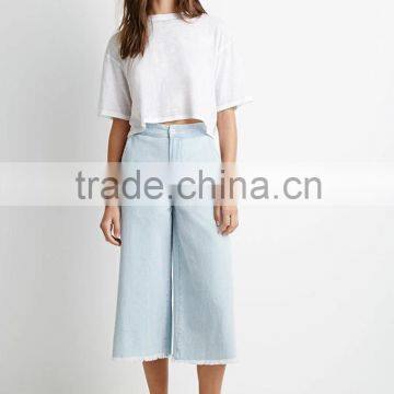 Quiet Color Midi Pants Frayed Denim Gauchos For 2016 Summer Women