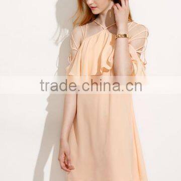 Dresses latest women girl design fashion photos Light Pink Cut Out Shoulder Ruffle Sleeve Shift Dress